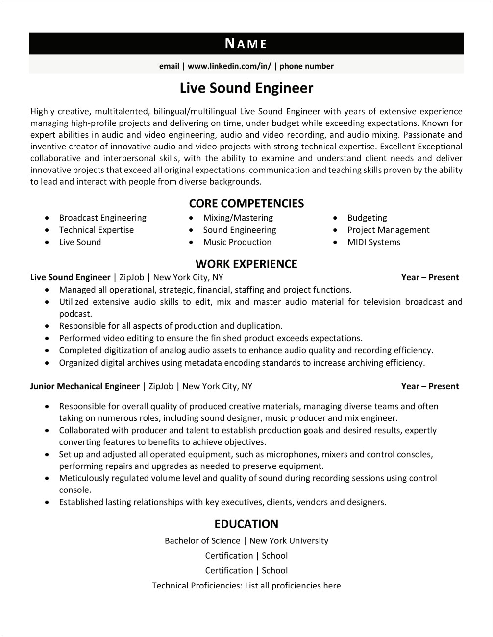 Resume Exampler For A Music Producer
