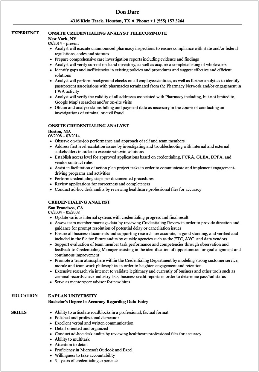 Resume Examples 2017 For Credentialing
