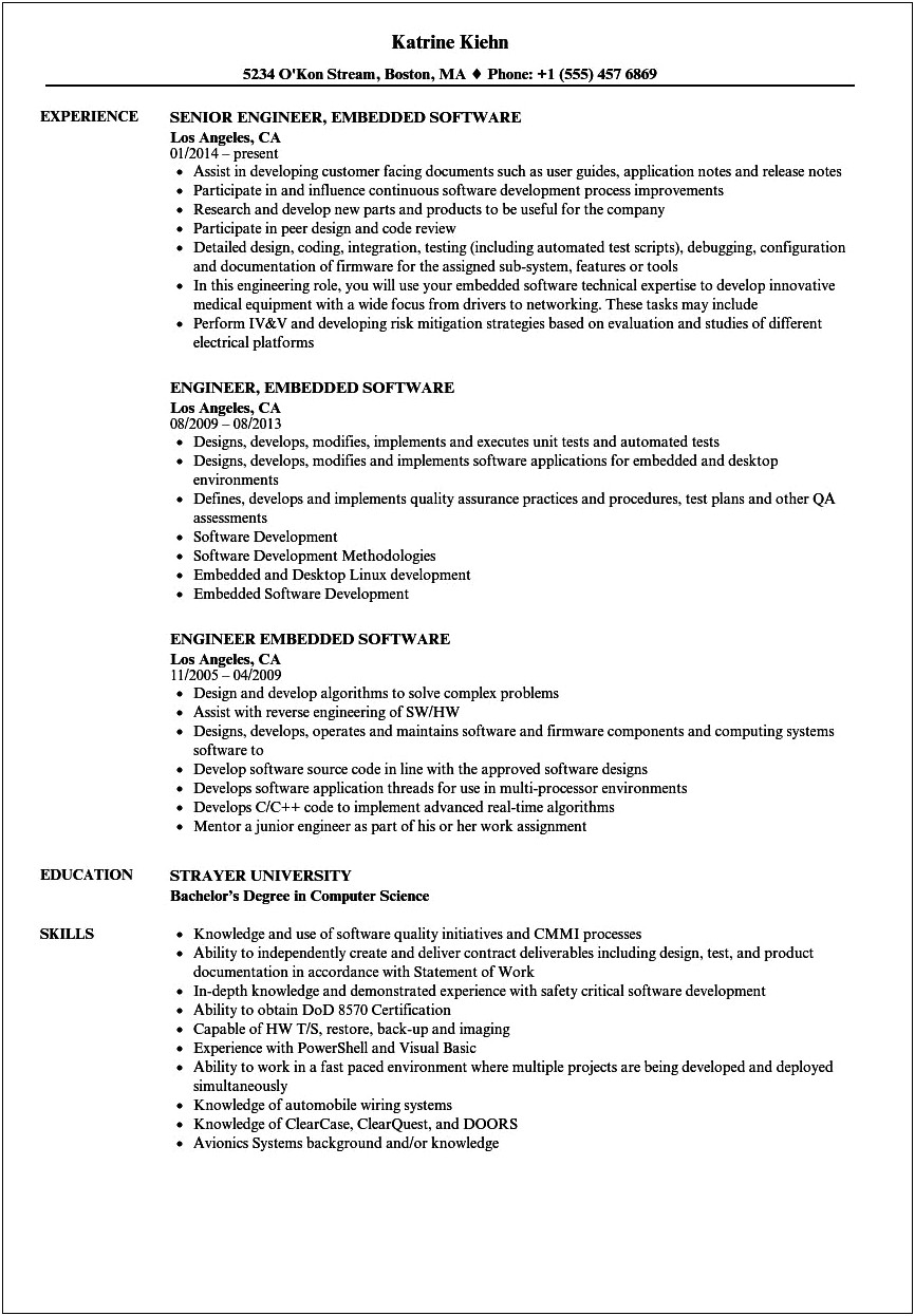 Resume Examples 2018 Embedded System Engineer