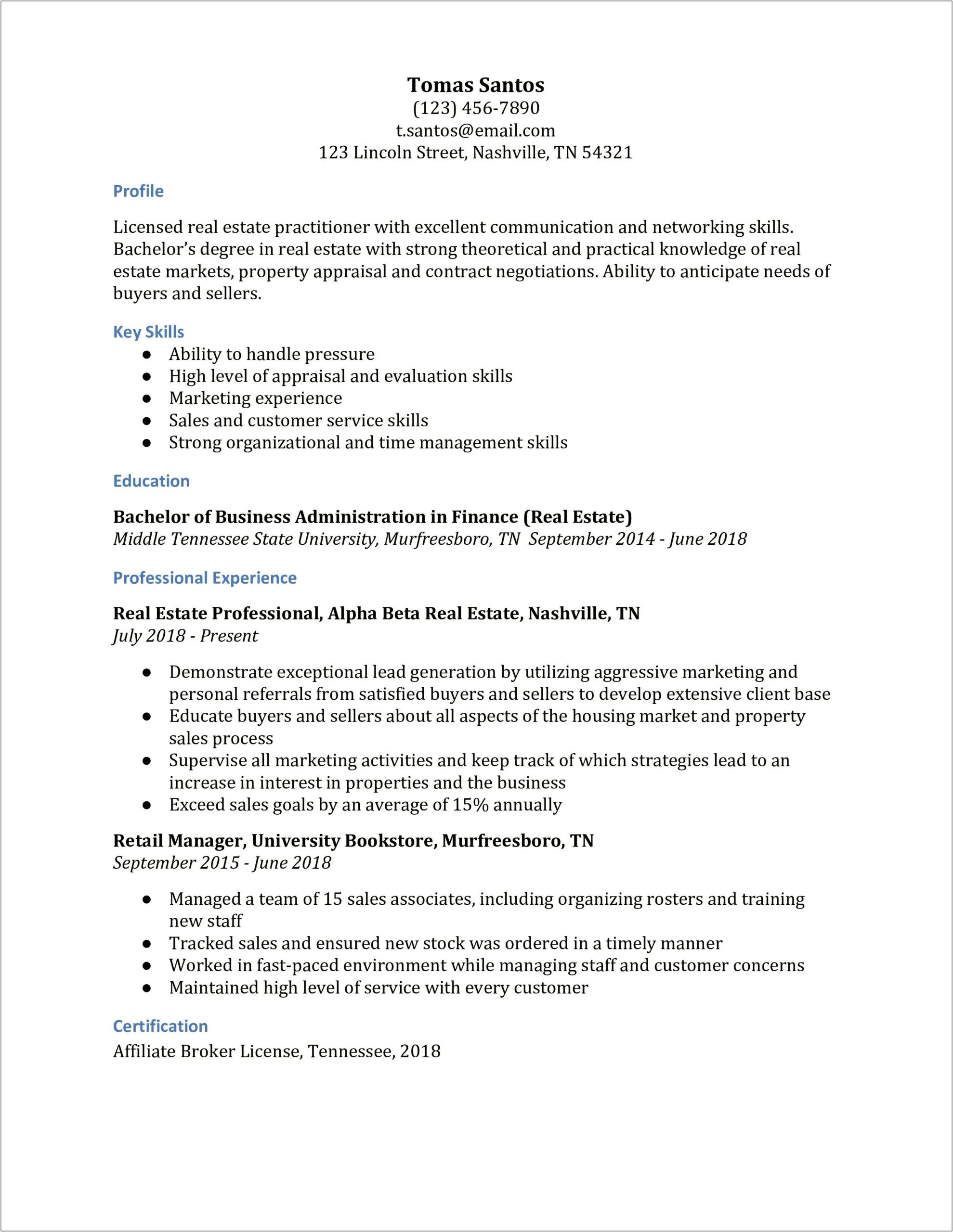 Resume Examples 2018 Real Estate Sales