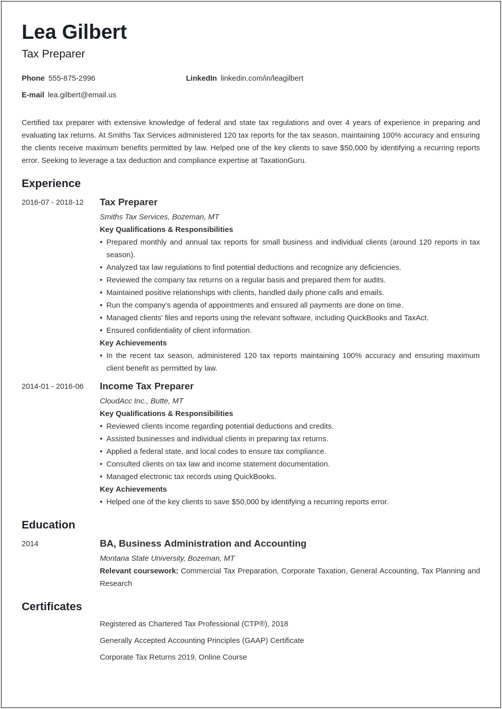 Resume Examples 2018 Tax Accountant