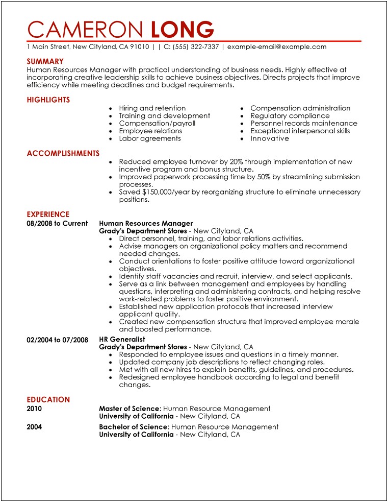 Resume Examples 2019 For Hr