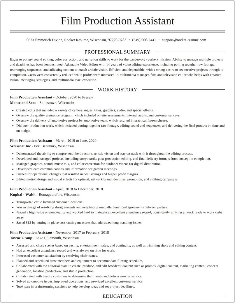Resume Examples 2019 Production Assistant
