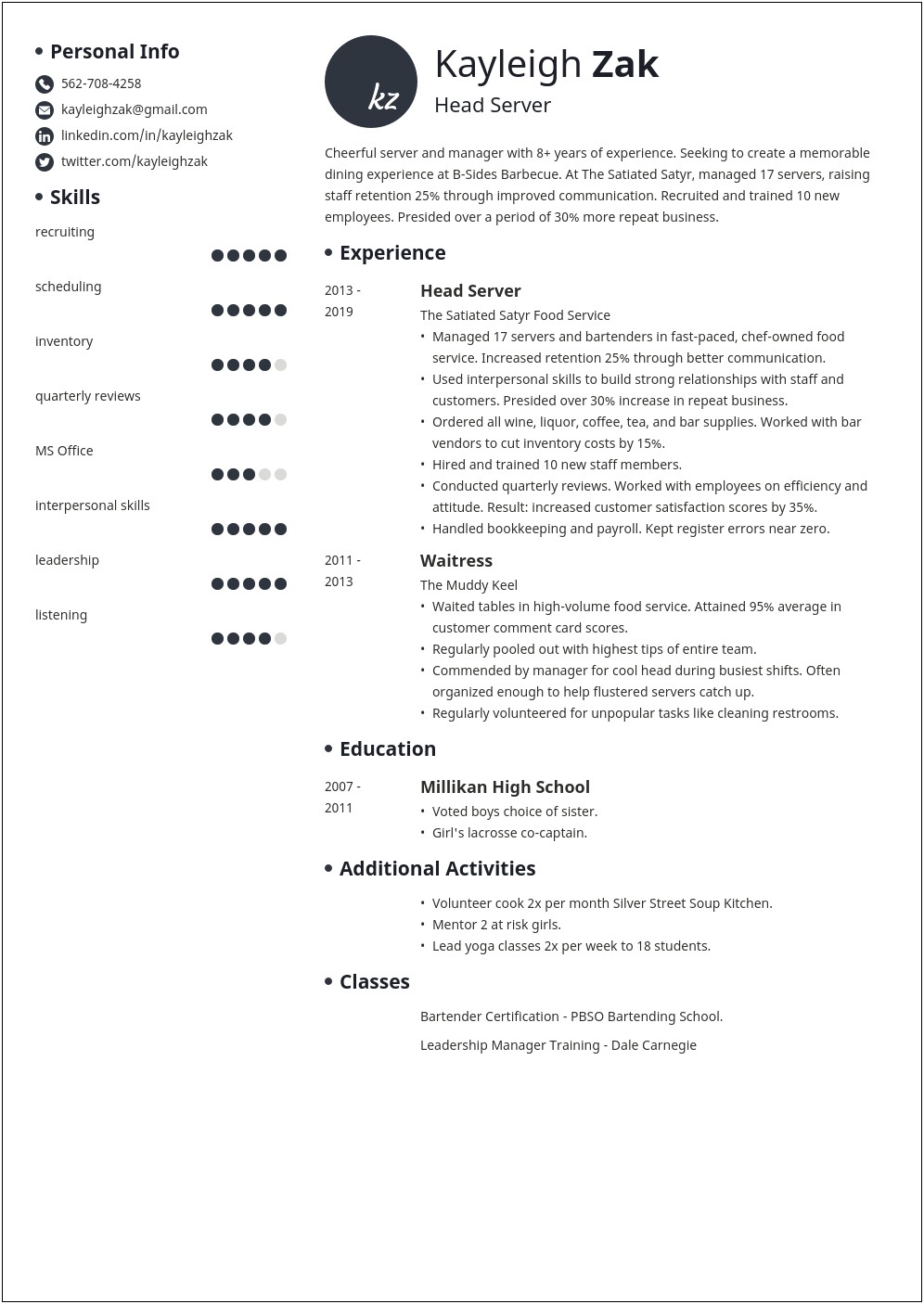 Resume Examples Barist To Food Service
