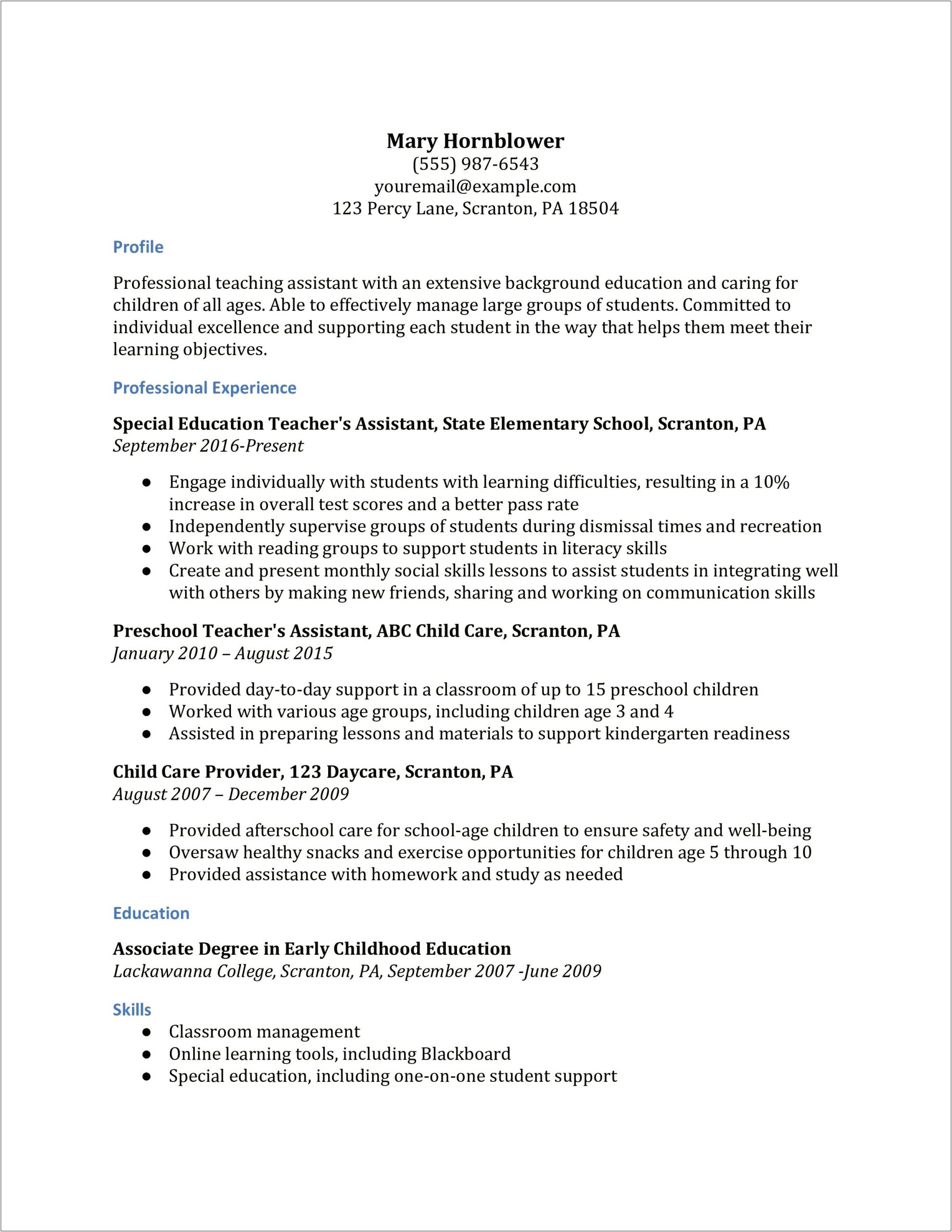 Resume Examples Child Care Assistant
