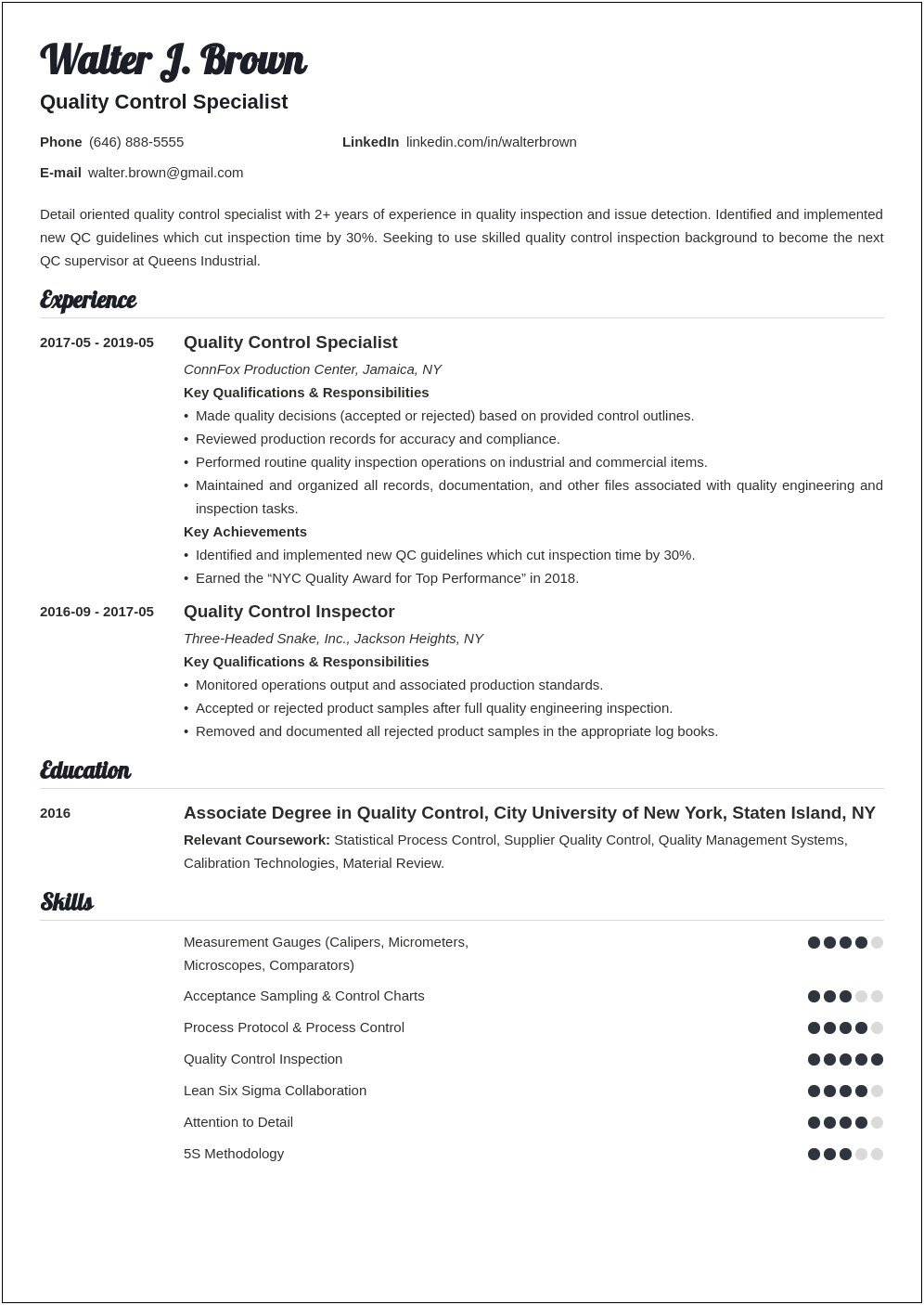 Resume Examples Construction Quality Control