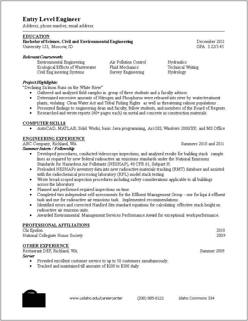 Resume Examples Engineering Entry Level