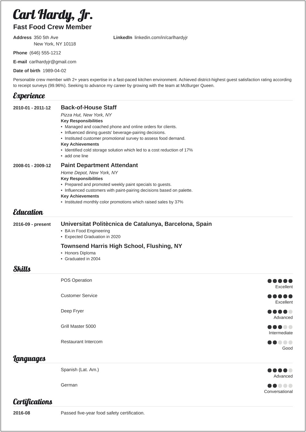 Resume Examples Fast Food Experience