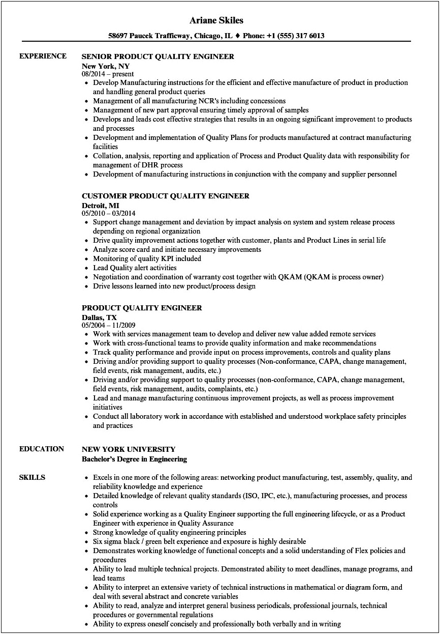 Resume Examples Food Quality Engineer