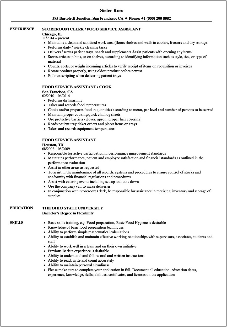 Resume Examples Food Service Worker