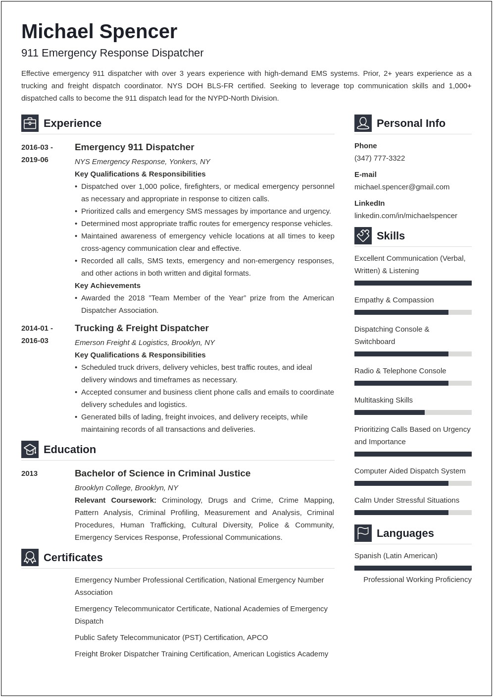 Resume Examples For 911 Directors