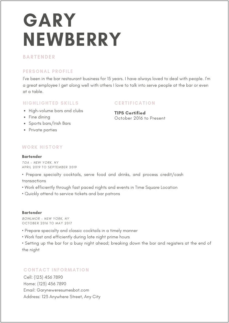 Resume Examples For A Bartender