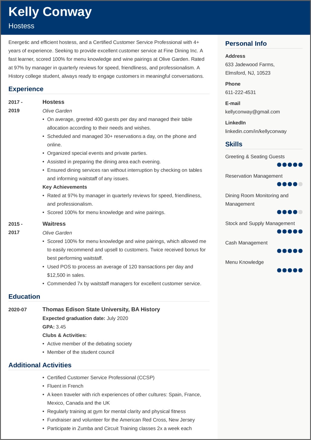 Resume Examples For A Hostess