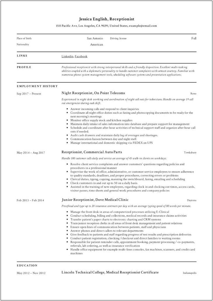 Resume Examples For A Medical Receptionist