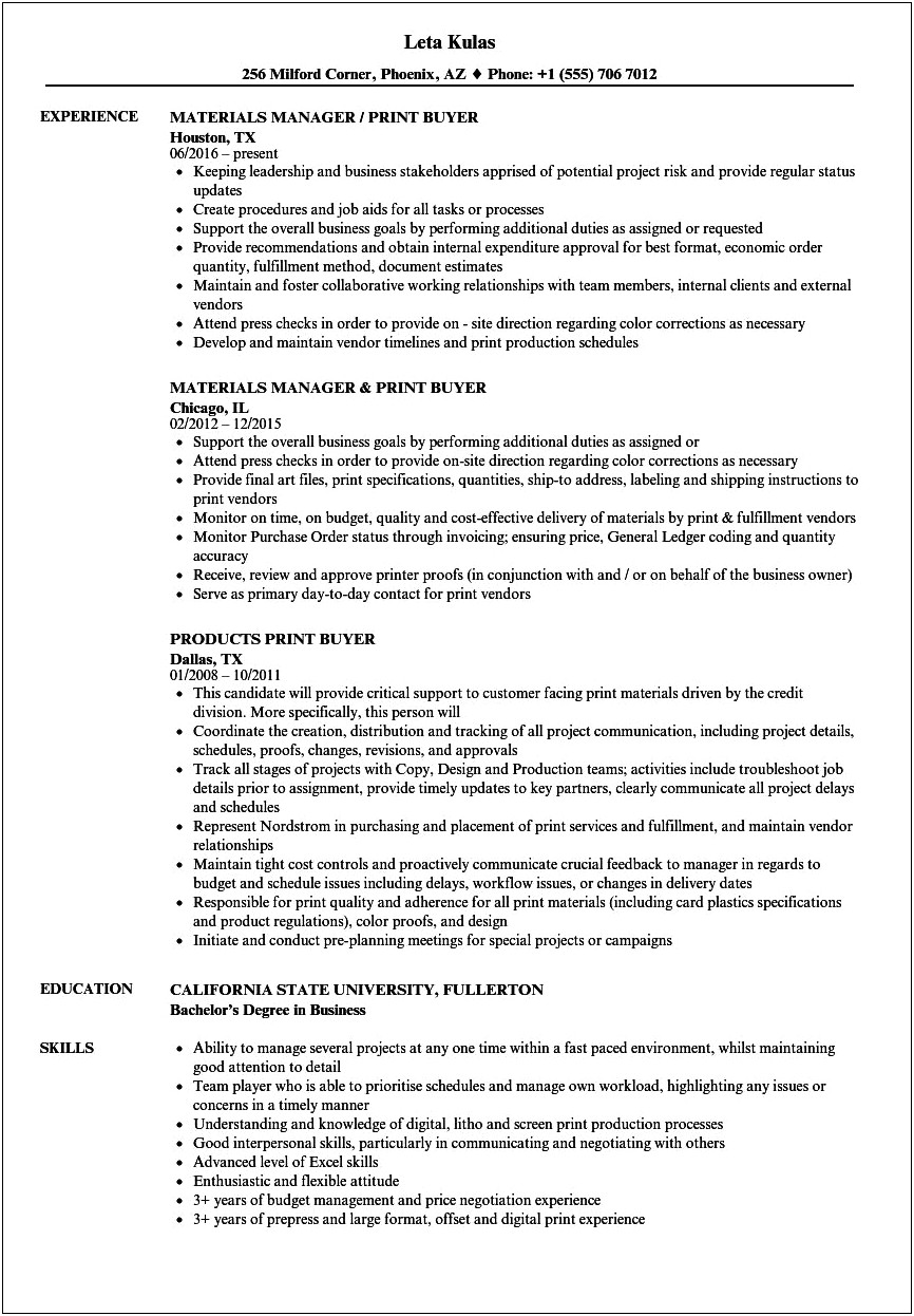 Resume Examples For A Printing Job
