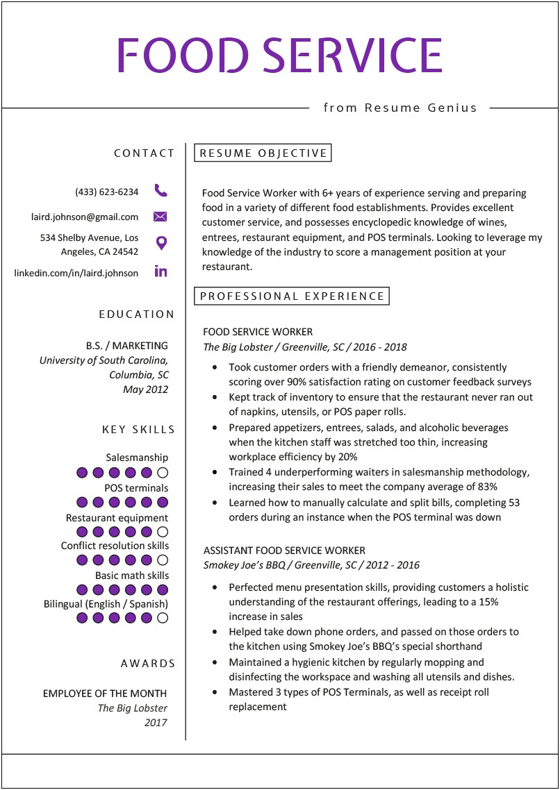 Resume Examples For A Resturant