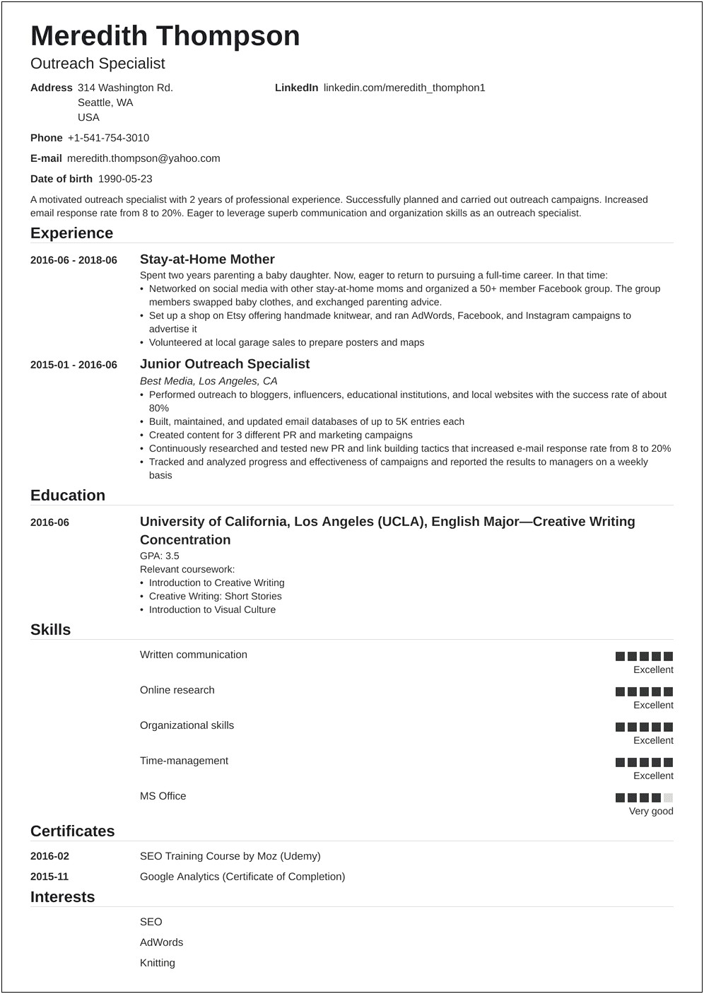 Resume Examples For A Stay At Home Mom