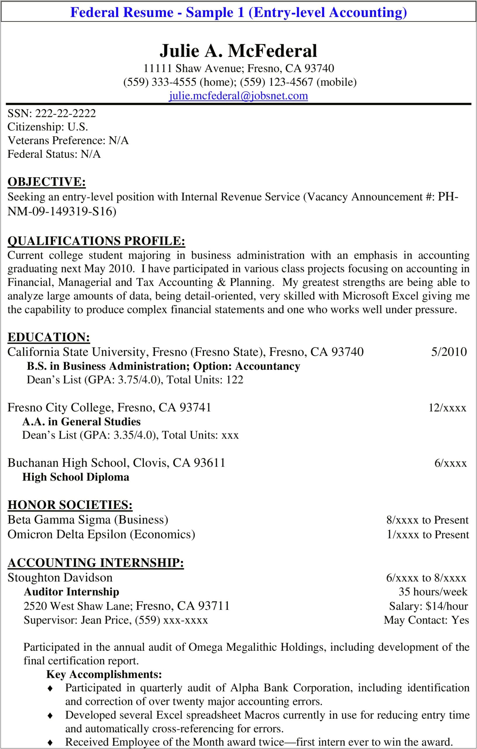 Resume Examples For Accounting Interns