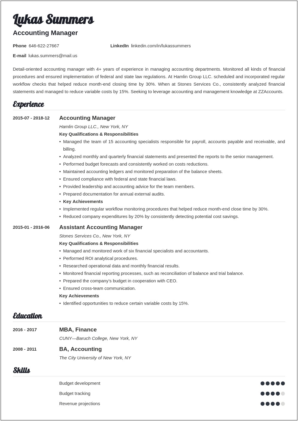 Resume Examples For Accounting Managers
