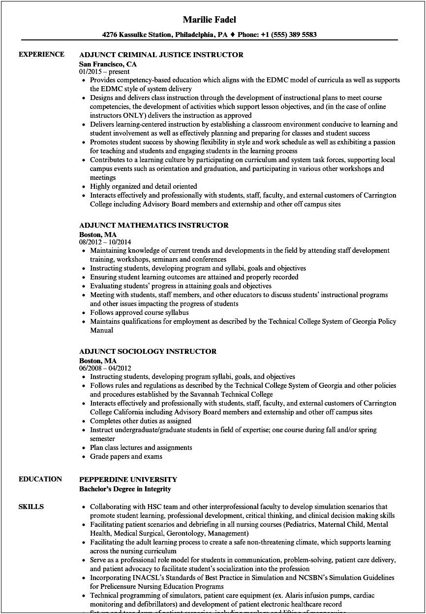 Resume Examples For Adjunct Instructor