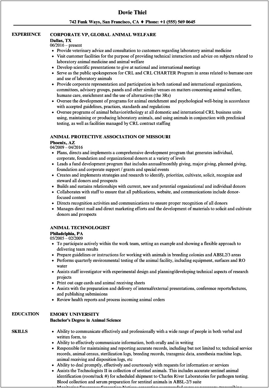 Resume Examples For Animal Care