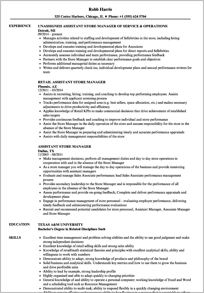 Resume Examples For Assistant Manager Pdf