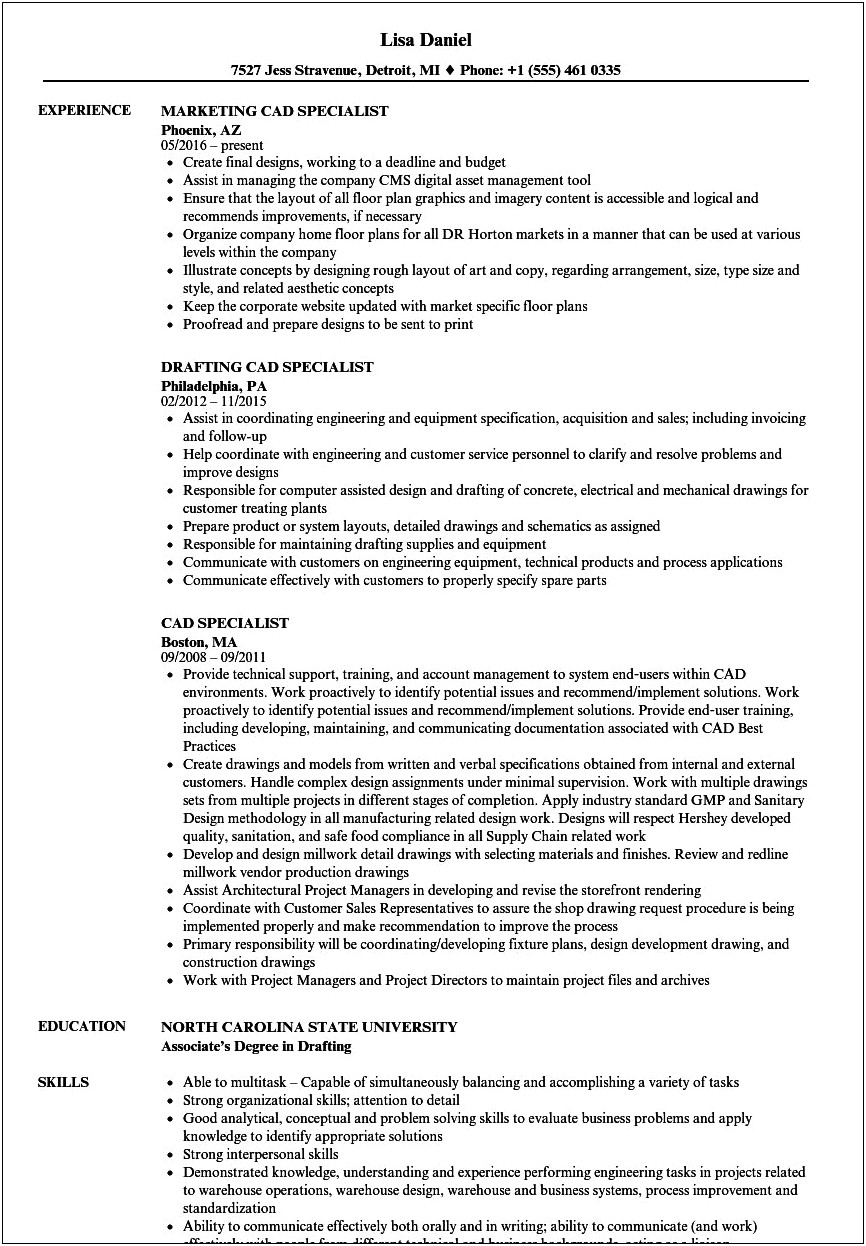 Resume Examples For Autocad Specialist