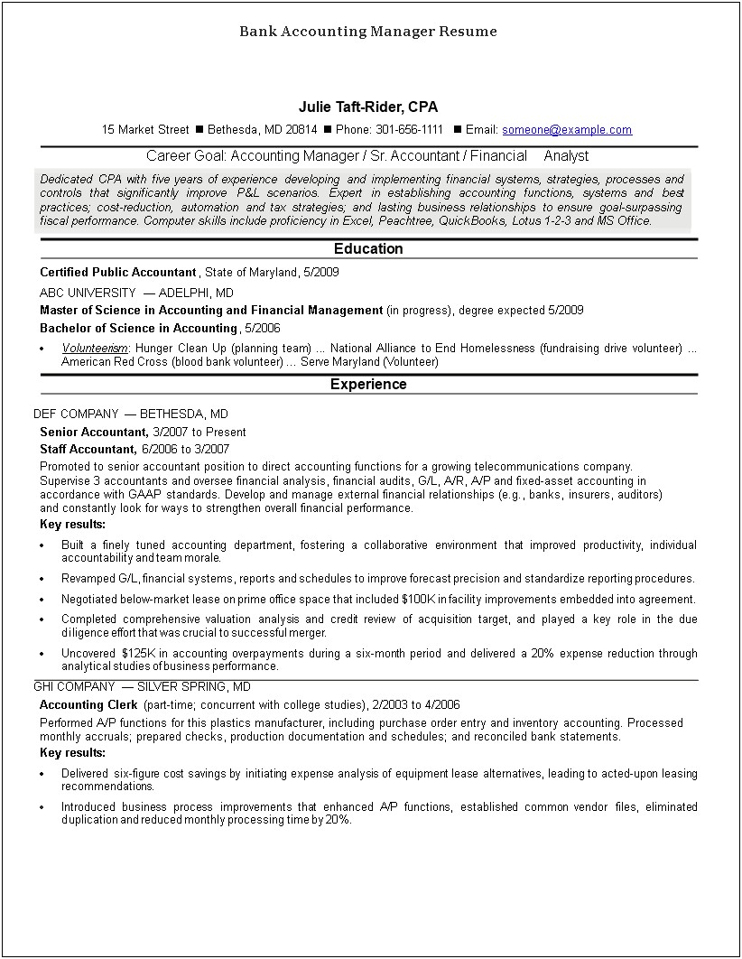 Resume Examples For Bank Manager