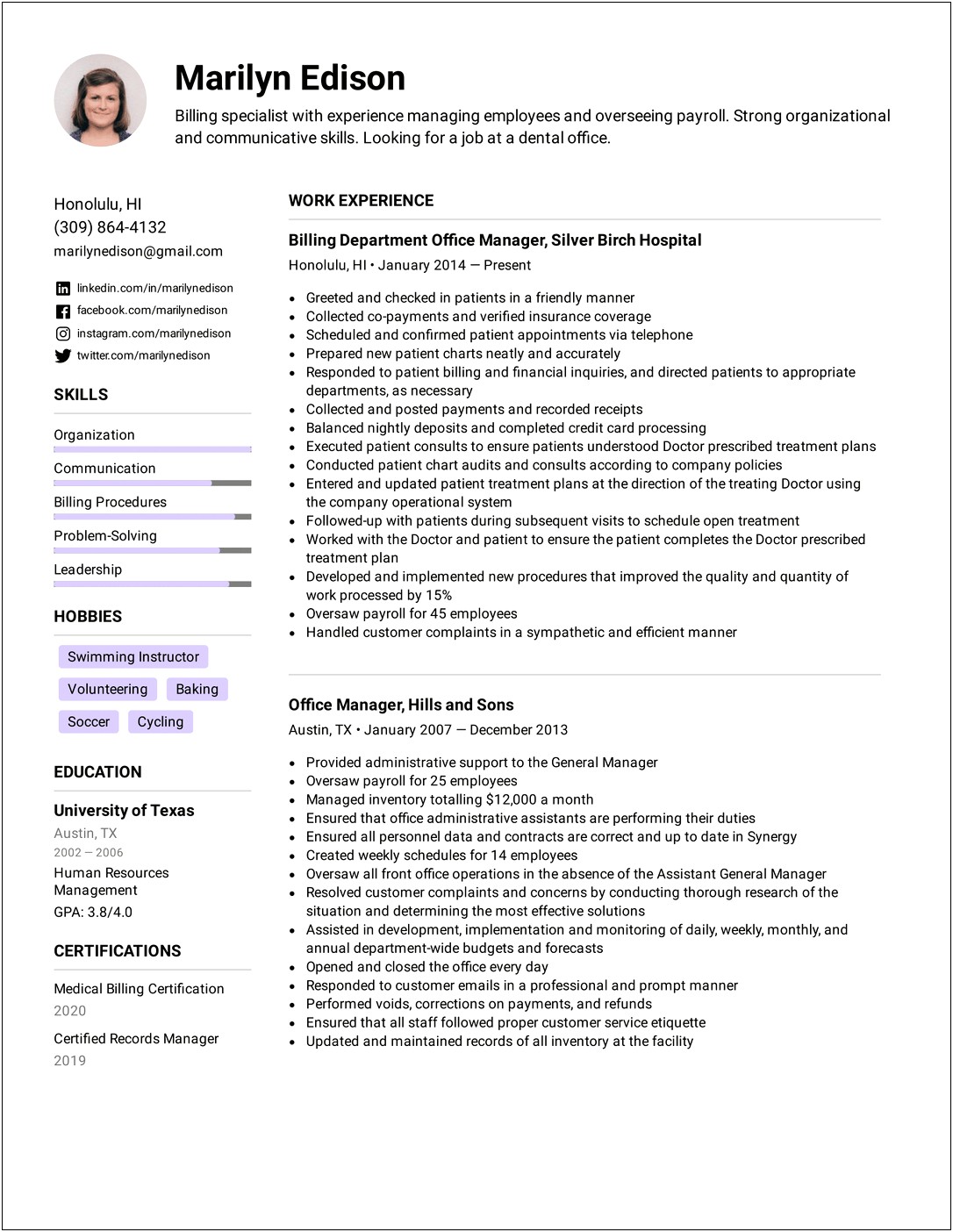 Resume Examples For Billing Specialist