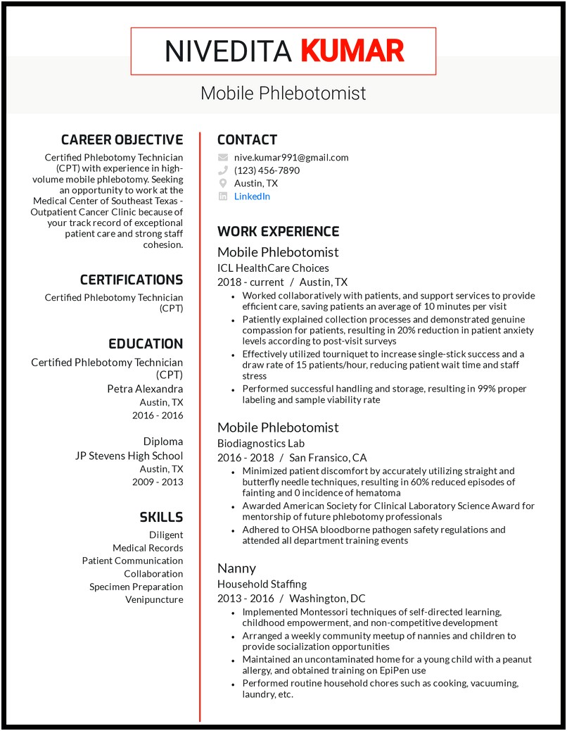 Resume Examples For Blood Center Phlebotomists
