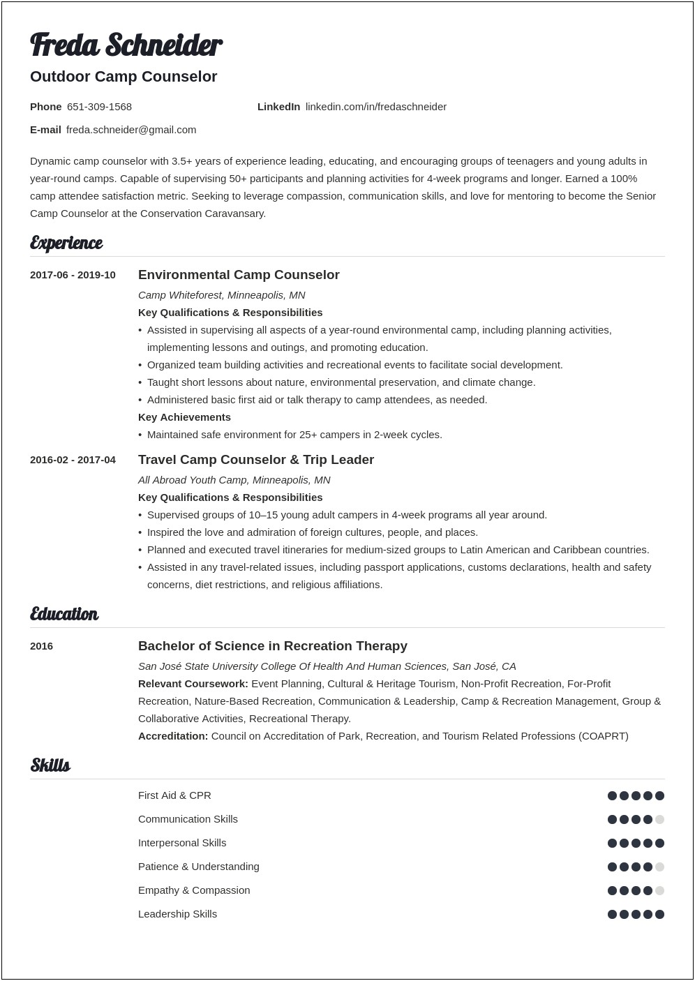 Resume Examples For Camp Counselor