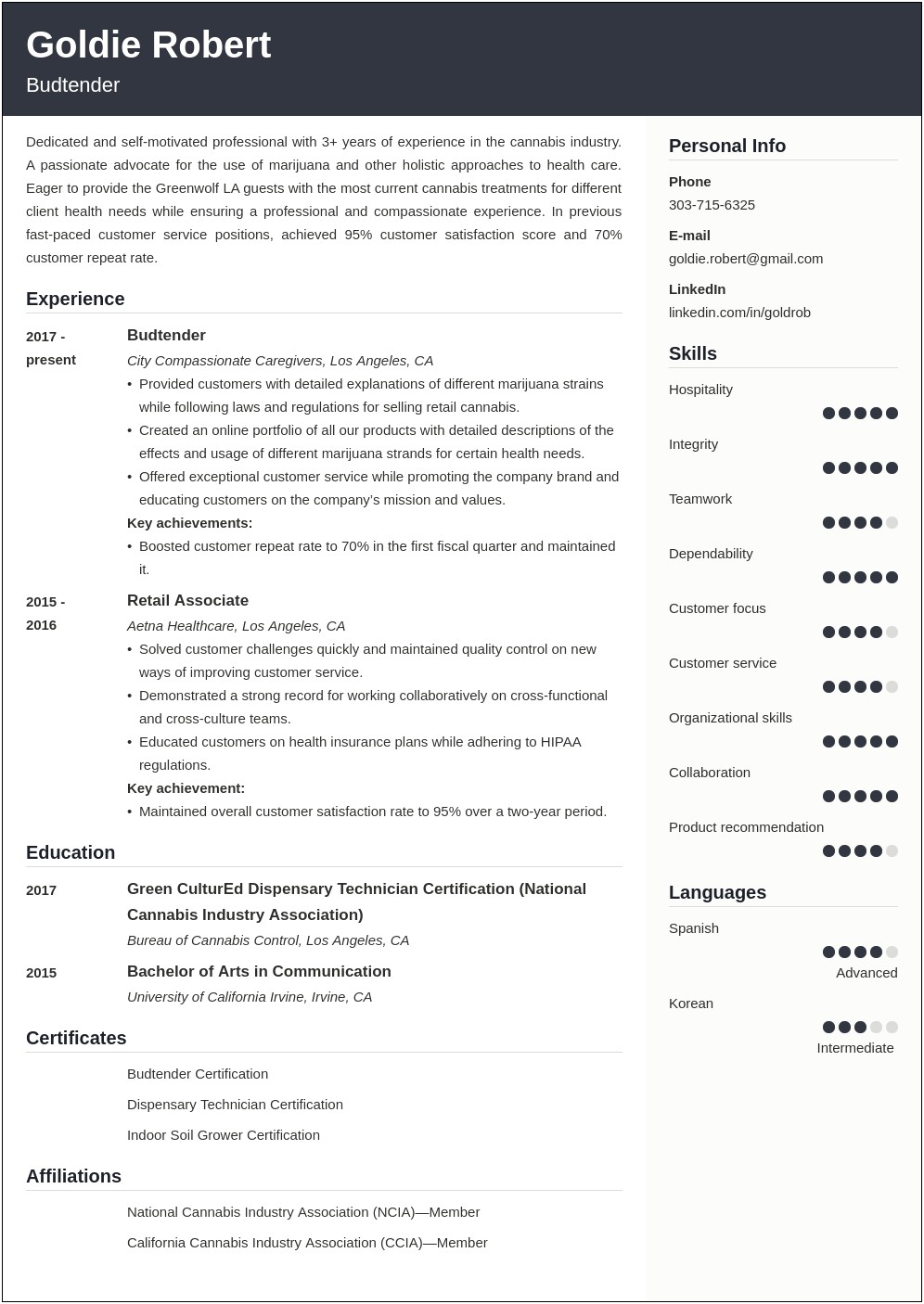 Resume Examples For Cannabis Jobs