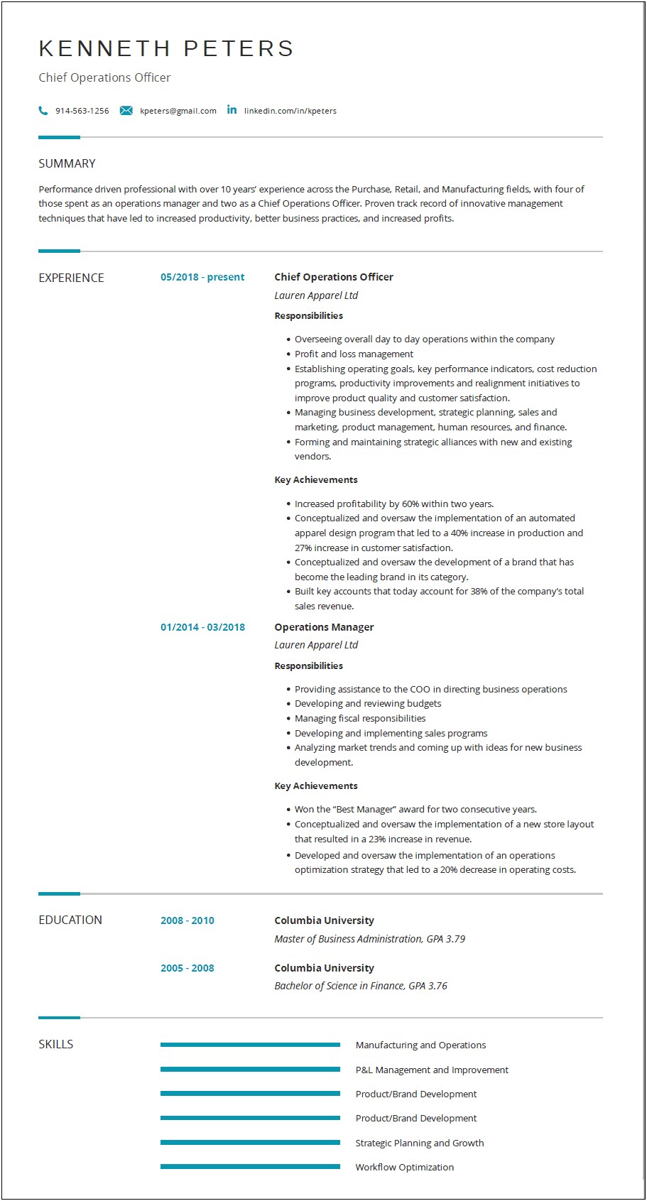 Resume Examples For Chief Operating Officer Finance Business