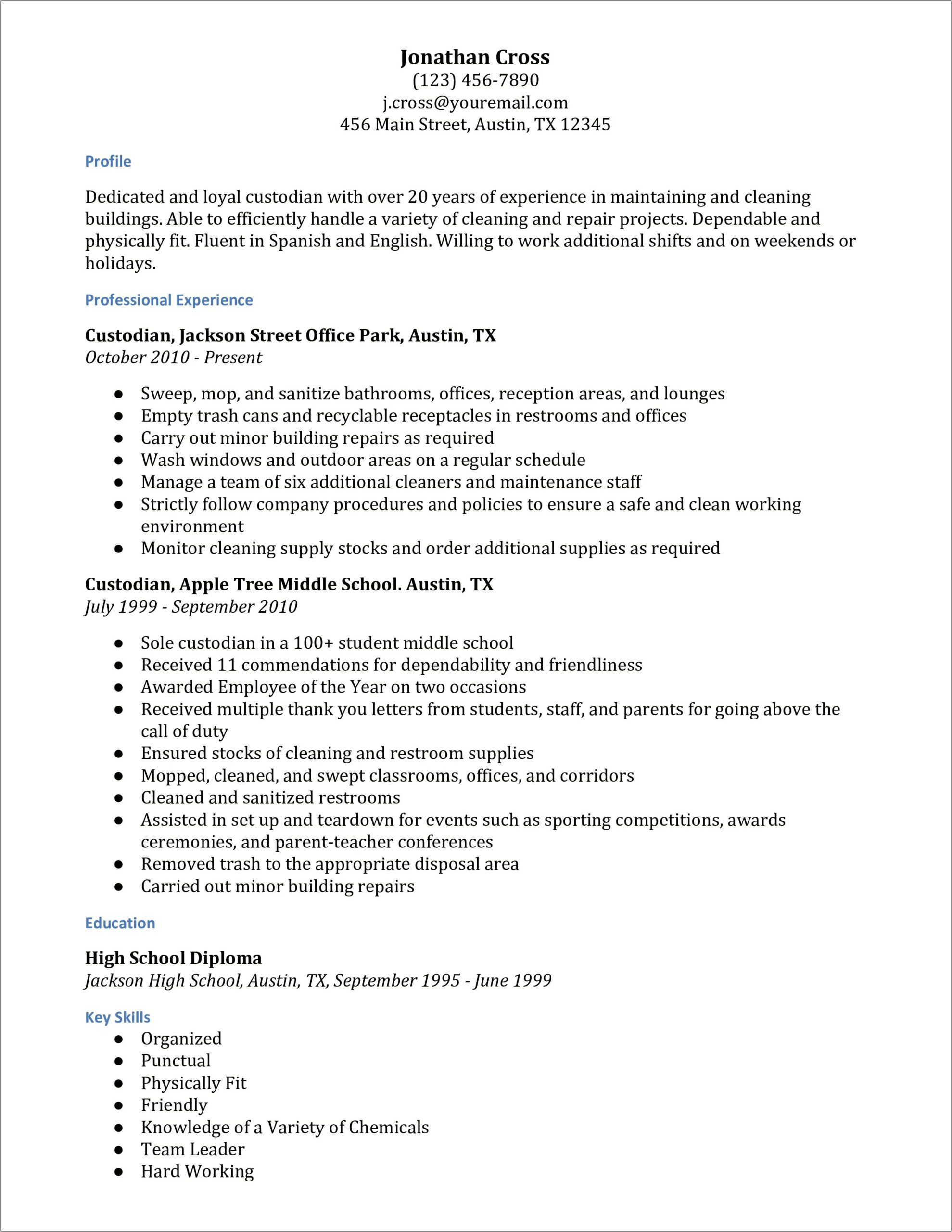 Resume Examples For Cleaning Jobs