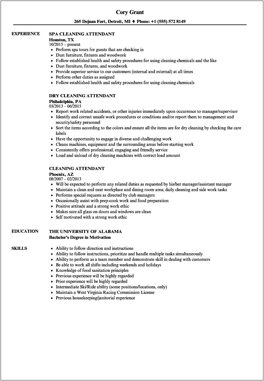 Resume Examples For Cleaning Maintenance