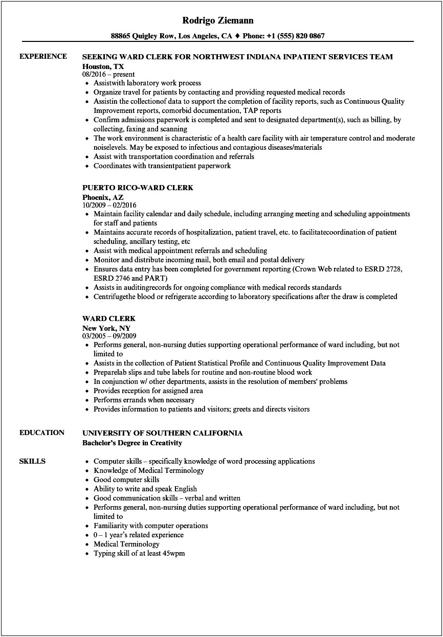 Resume Examples For Clerical Work In Hospital