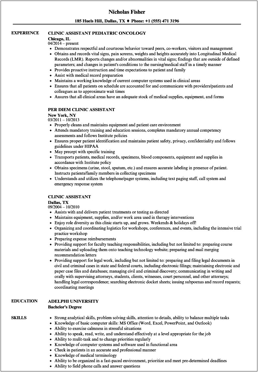 Resume Examples For Clinical Assistant