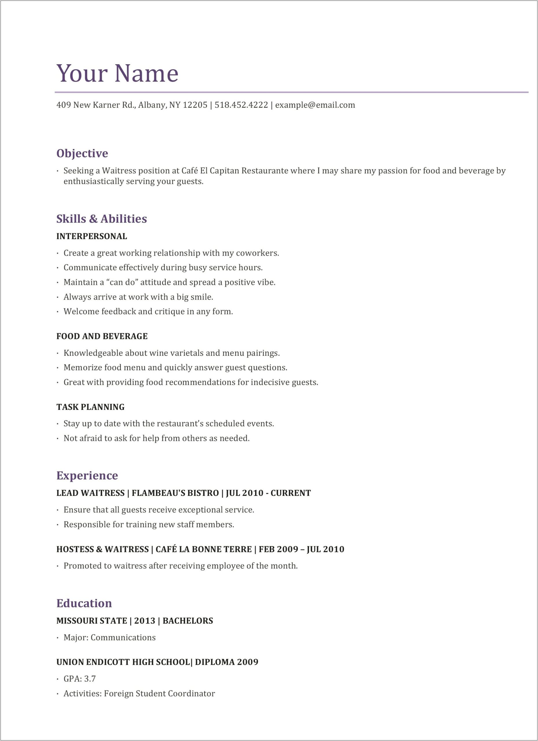 Resume Examples For Cocktail Waitress