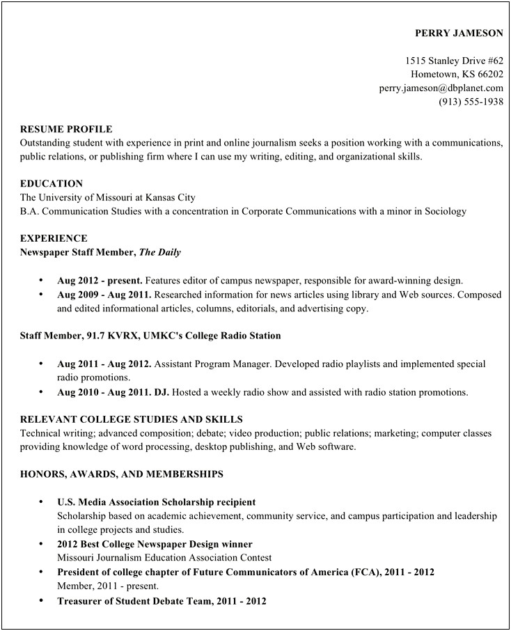 Resume Examples For College Students Edu