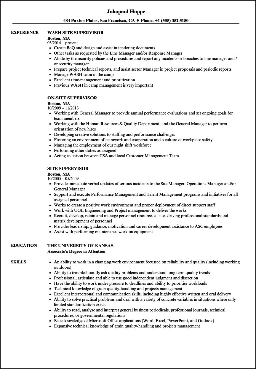 Resume Examples For Construction Supervisor