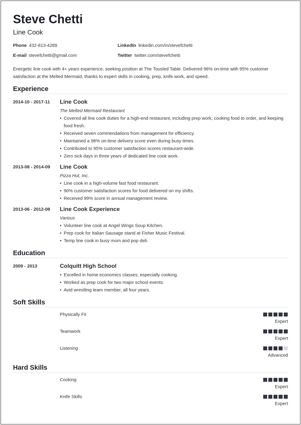 Resume Examples For Cook At Cook Out