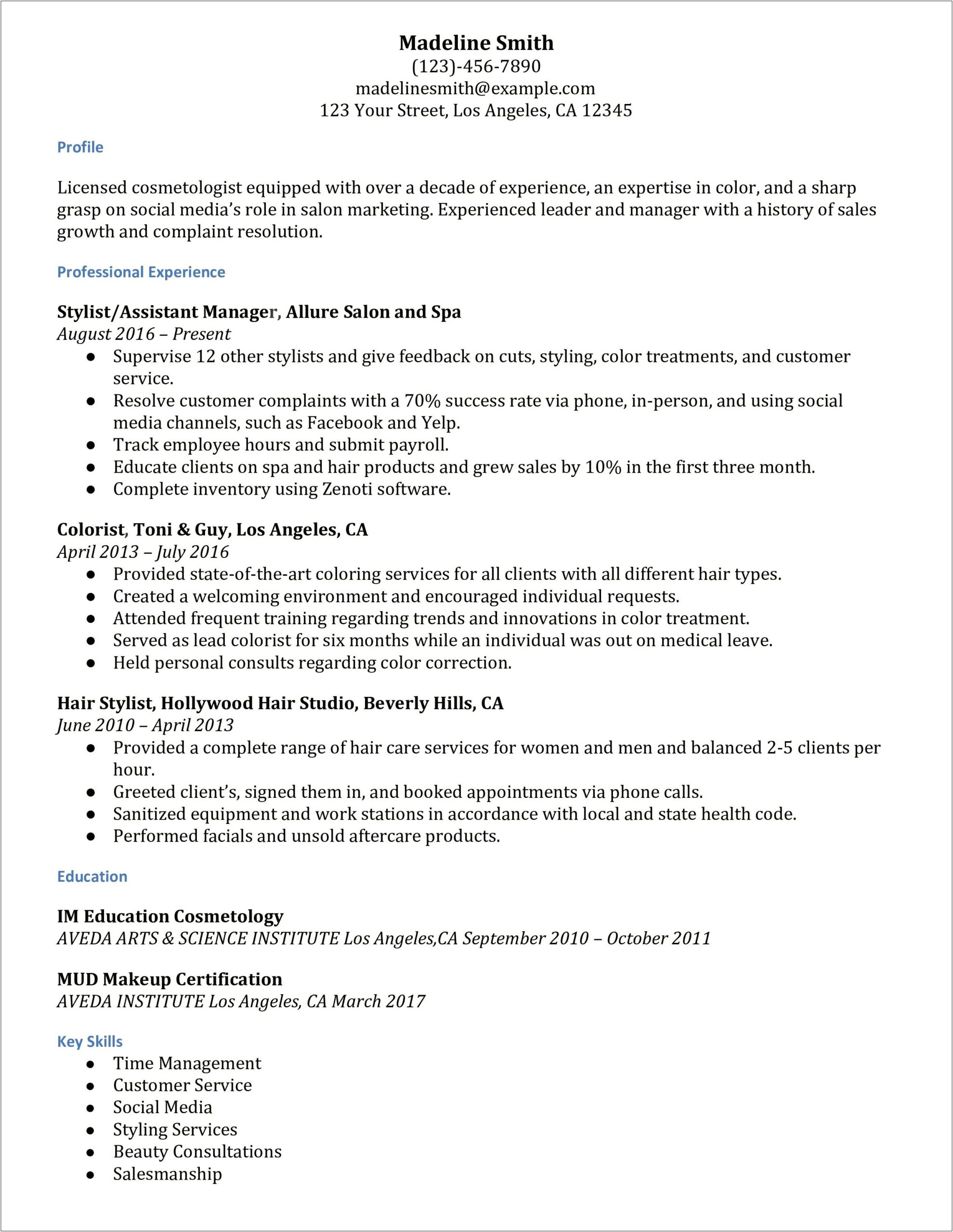 Resume Examples For Cosmetology Students