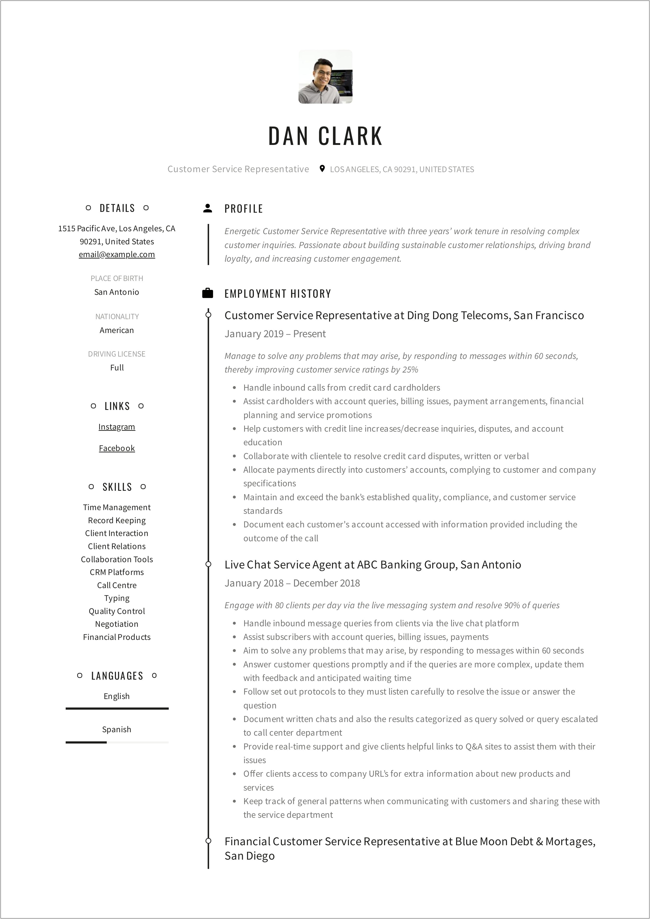 Resume Examples For Customer Claims Service Representative