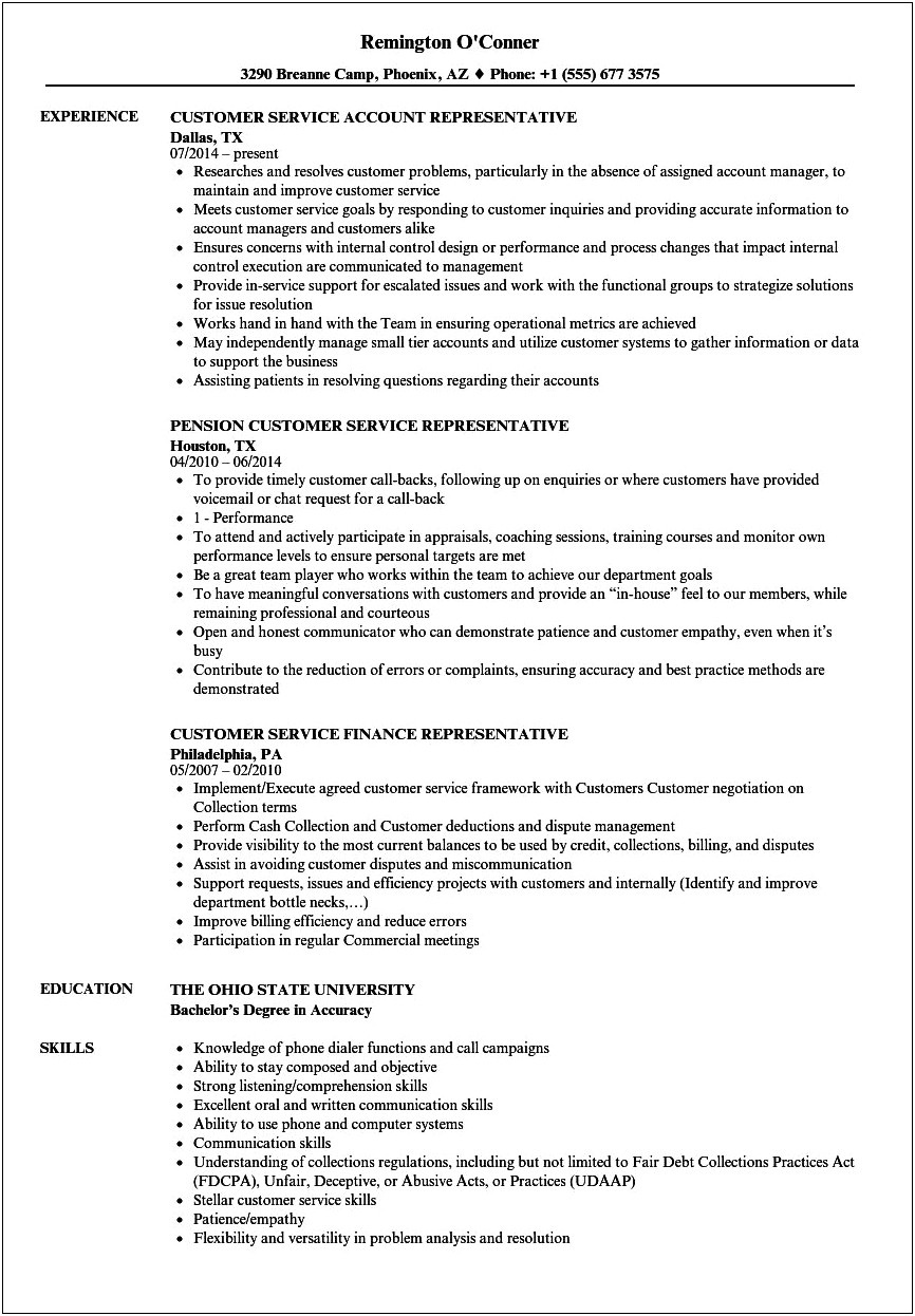 Resume Examples For Customer Service Objective