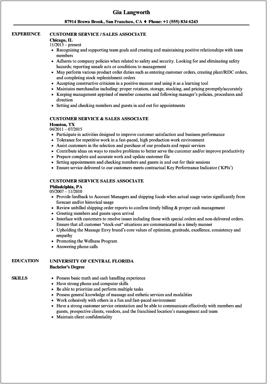 Resume Examples For Customer Service Sales