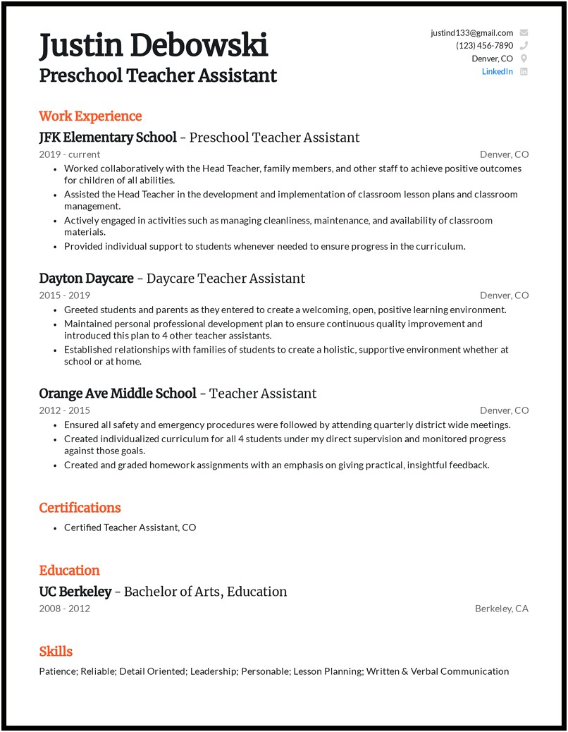 Resume Examples For Daycare Assistant