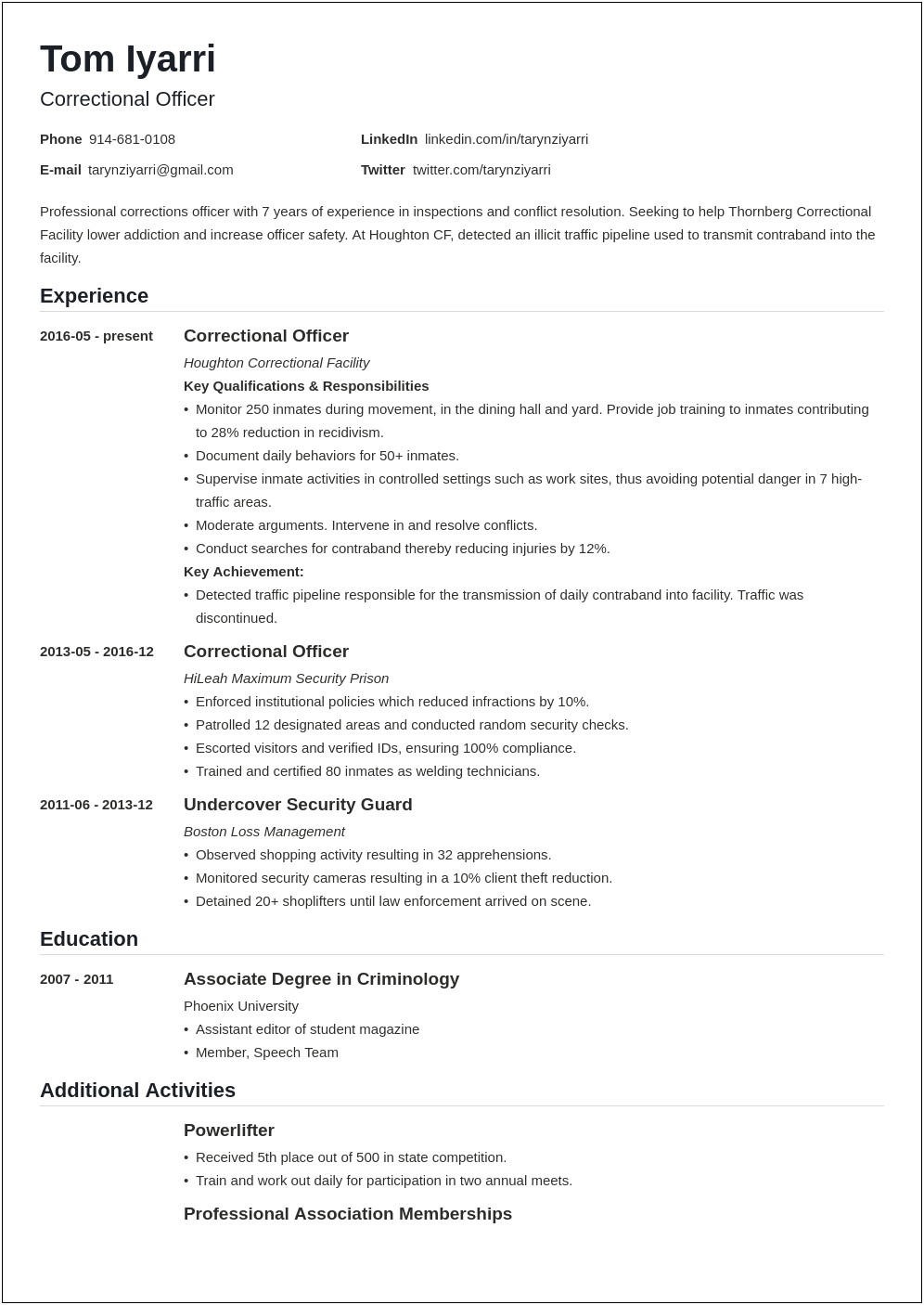 Resume Examples For Department Of Corrections