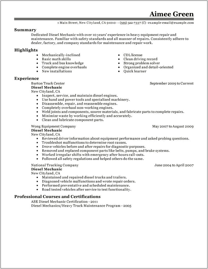 Resume Examples For Diesel Technicians