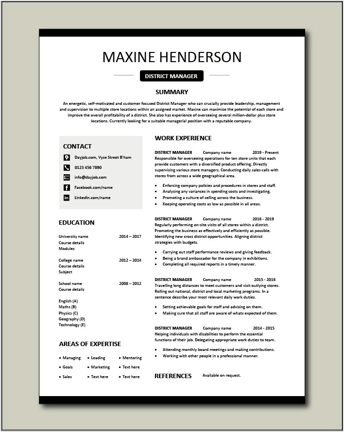 Resume Examples For District Manager
