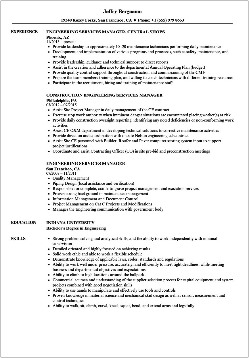 Resume Examples For Engineering Manager